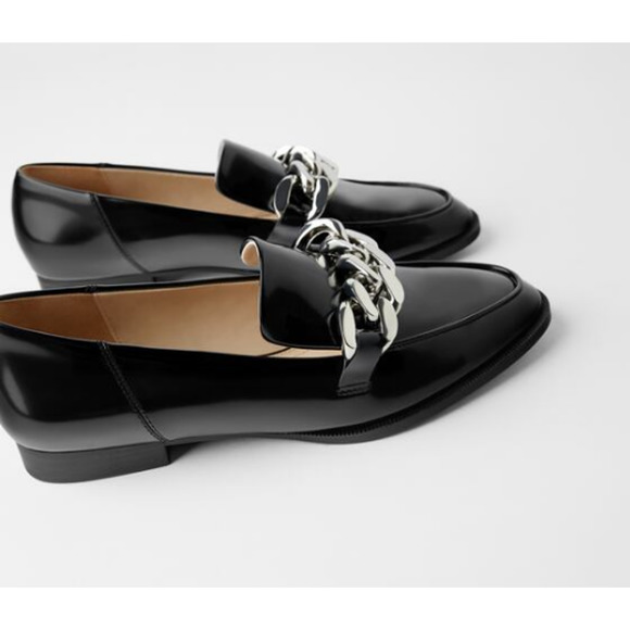 ZARA Chunky Chain Loafers Slip On Flats Faux Leather Shoes, Black - Picture 3 of 11